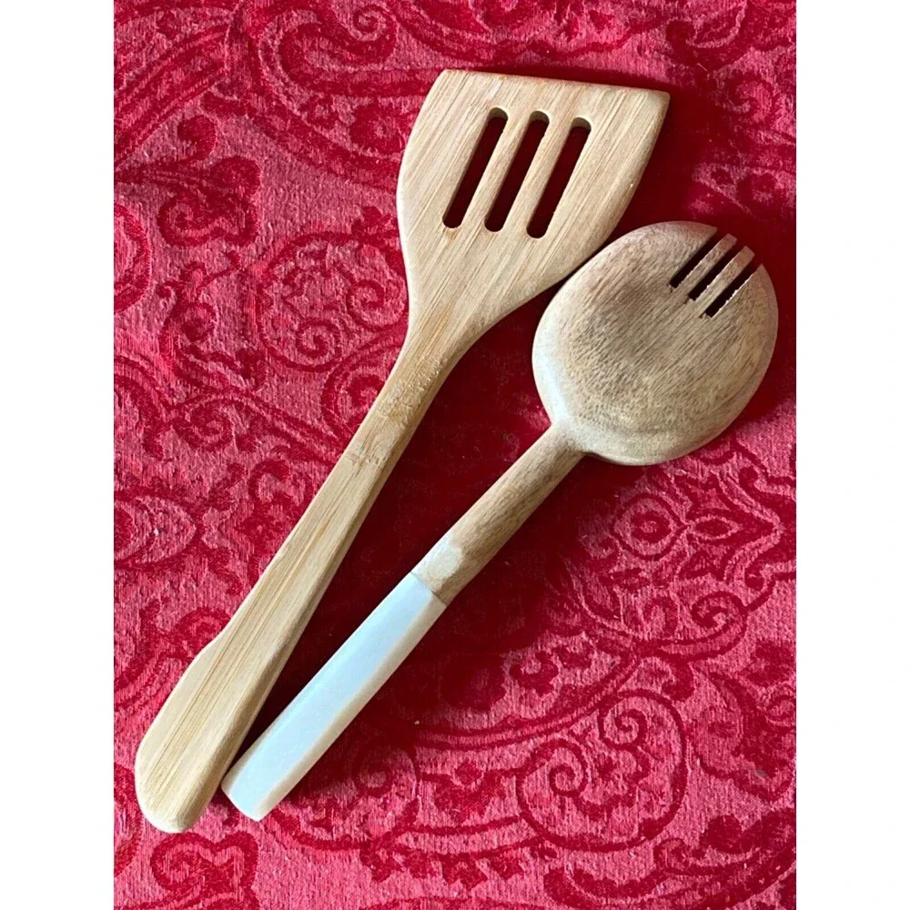 Crofton marble handled salad spoon fork and bamboo spatula